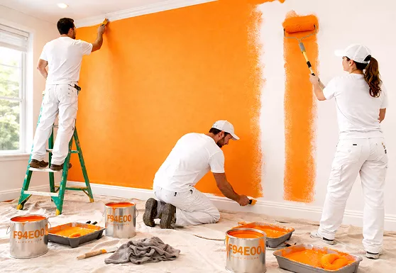 Three painters in white uniforms applying bright orange paint to a large interior wall using rollers and a ladder.