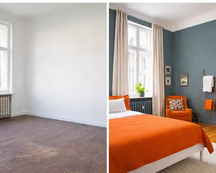 Before and after interior transformation: an empty bare room on the left, and a styled bedroom with orange bedding and teal walls on the right.
