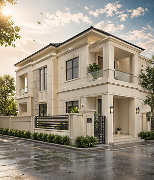 Elegant two-storey cream villa with classical columns, a balcony, black gate, and manicured hedges under a dramatic sky.