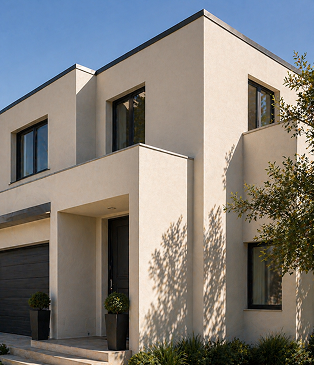 Contemporary two-storey home with smooth sand-coloured render, dark window frames, a garage, and trimmed box hedges.
