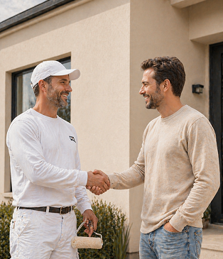 A painter in white uniform shaking hands with a homeowner in front of a freshly painted house exterior.