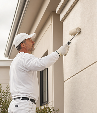 Painter in white cap and uniform rolling beige paint onto the rendered exterior wall of a house.