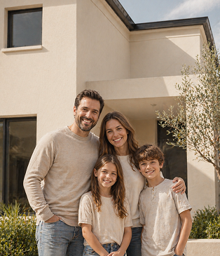 Happy family of four smiling in front of their modern rendered home on a sunny day.