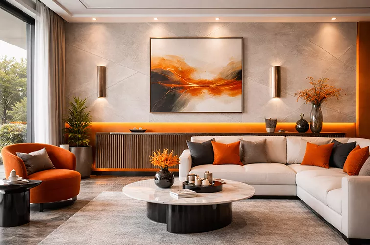 Luxury living room with a cream sectional sofa, orange accent chairs, marble coffee table, and a large abstract painting.