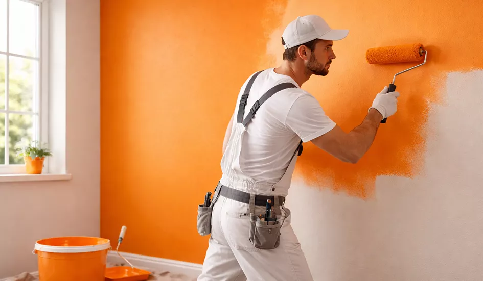 Man in white overalls and cap painting a wall bright orange with a roller, tools on belt, paint bucket nearby, sunlight from window.