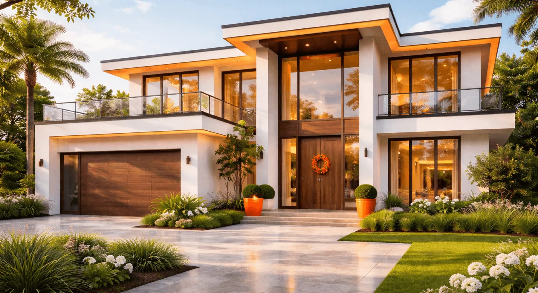 Modern two-storey home exterior with white render, wood accents, glass balconies, a double garage, and manicured garden at dusk.