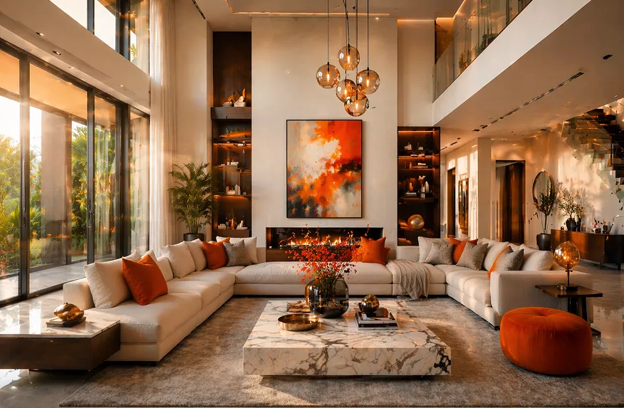 Grand double-height living room with a cream sectional sofa, orange accents, marble coffee table, fireplace, and large abstract artwork.