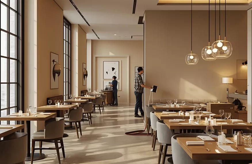 Minimalist restaurant interior with warm beige walls, set wooden tables, globe pendant lights, and tall street-facing windows.