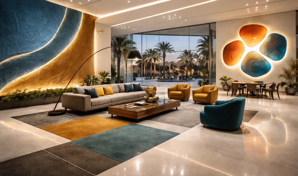 Grand hotel-style lounge with bold textured feature walls, colourful sculptural art, a grey sofa, and floor-to-ceiling palm views.