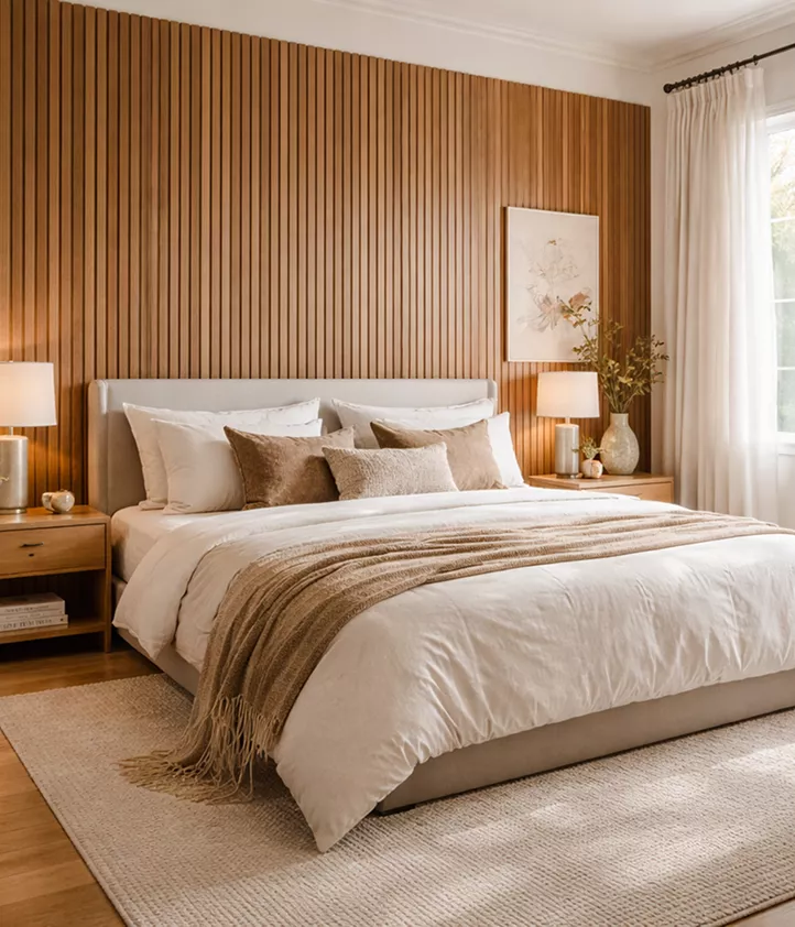 Cosy bedroom with a vertical wood slat feature wall, white linen bedding, warm-toned throw, and soft bedside lighting.