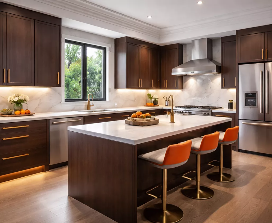 Luxury kitchen with dark walnut cabinets, a marble island, gold hardware, orange bar stools, and a stainless steel range hood.
