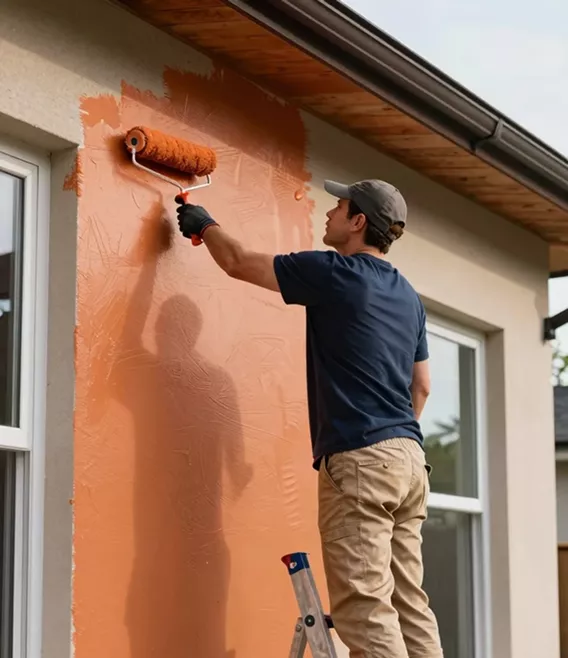 Painter on a ladder rolling orange paint onto the exterior stucco wall of a house beside a window.
