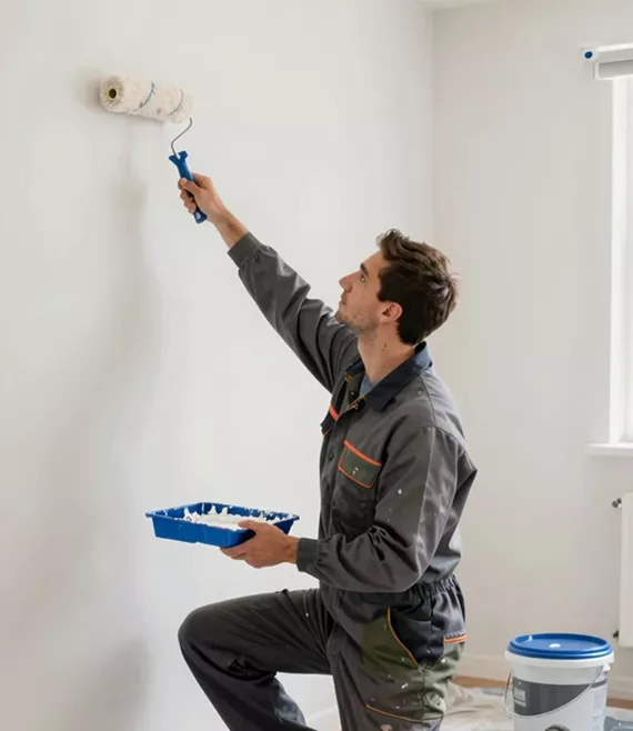 Male painter in grey overalls reaching up to apply white paint to a wall with a roller and tray inside a bright room.