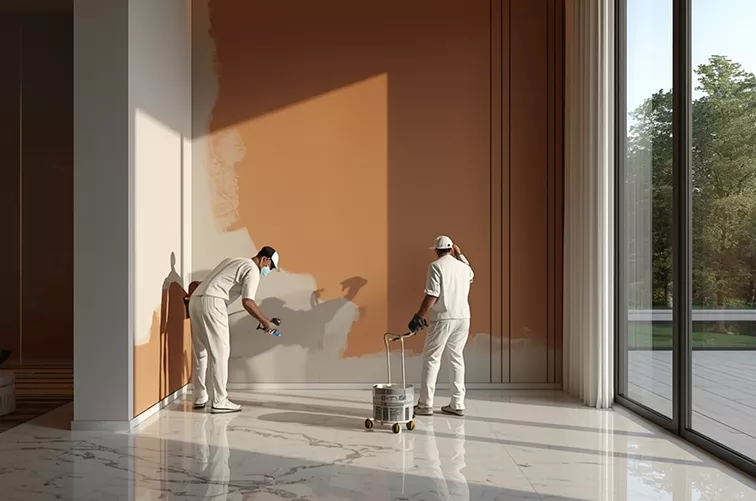 Two painters in white uniforms applying terracotta paint to a tall wall in a sunlit marble-floored interior with floor-to-ceiling windows.