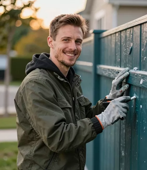 Smiling man in work gloves and a green jacket painting a teal wooden fence outdoors at golden hour.