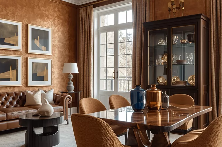 Elegant dining room with warm bronze textured walls, a dark wood table, tan chairs, leather sofa, and framed abstract art.