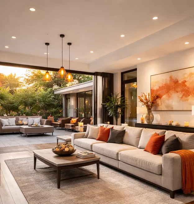 Elegant open-plan living room with a cream sofa, orange accent pillows, pendant lights, and large doors opening to a garden terrace.