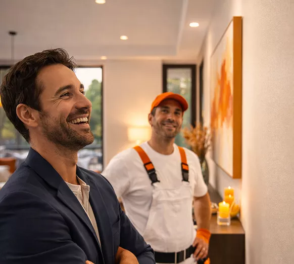 Happy homeowner smiling while a painter in orange overalls stands behind him admiring freshly completed wall work.
