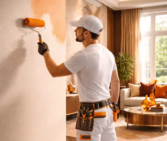 Professional painter in white uniform applying orange paint to a wall with a roller inside a warmly lit living room.