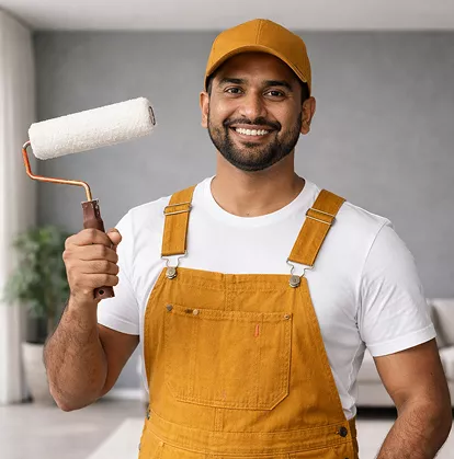 Smiling male painter in mustard yellow overalls and cap holding a paint roller in a bright interior space.