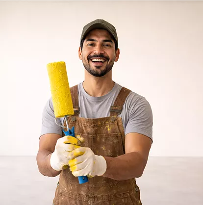Cheerful male painter in overalls and a cap holding a yellow paint roller, smiling against a white wall.