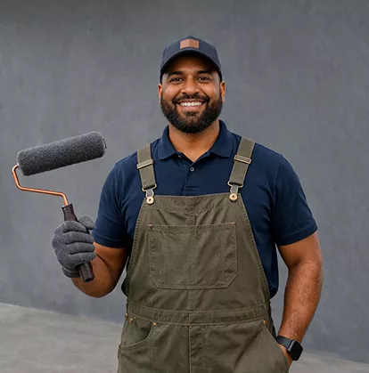 Smiling male painter in olive green overalls and a navy cap holding a paint roller against a grey wall.