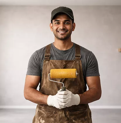Male painter in a brown apron and cap smiling while holding a yellow paint roller with work gloves on.
