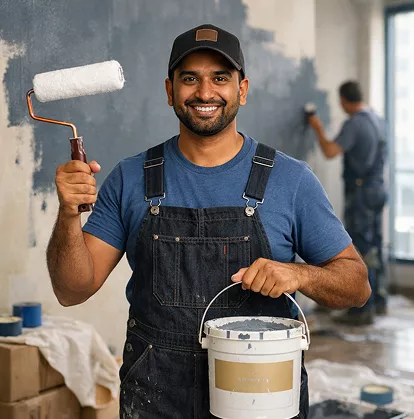 Smiling male painter in denim overalls holding a paint roller and bucket, with a colleague working on a wall behind him.